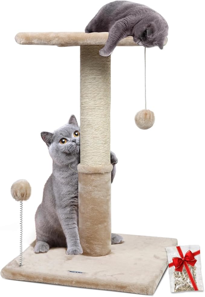 Happi N Pets 26" Cat Scratching Post with Perch, Natural Sisal Scratchers Trees for Indoor Cats, Featuring with Hanging Balls & Cozy Cat Bed, Stable Cat Scratch Posts for Kittens-Beige