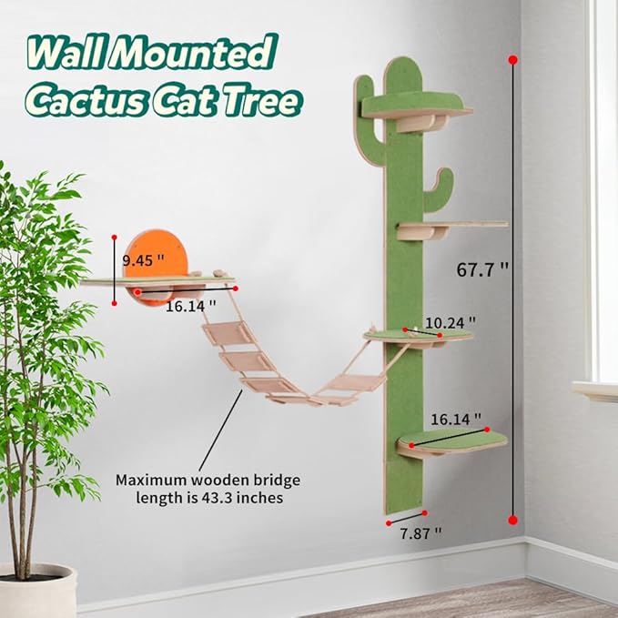 Docal Cat Climbing Tower Wall,Cat Wall Shelves with Cat Tree Tower Cactus Shape with Carpeted Plank for Indoor Cats,Suitable for Indoor Cats Climbing Tower Activity Wood Cat Wall Furniture