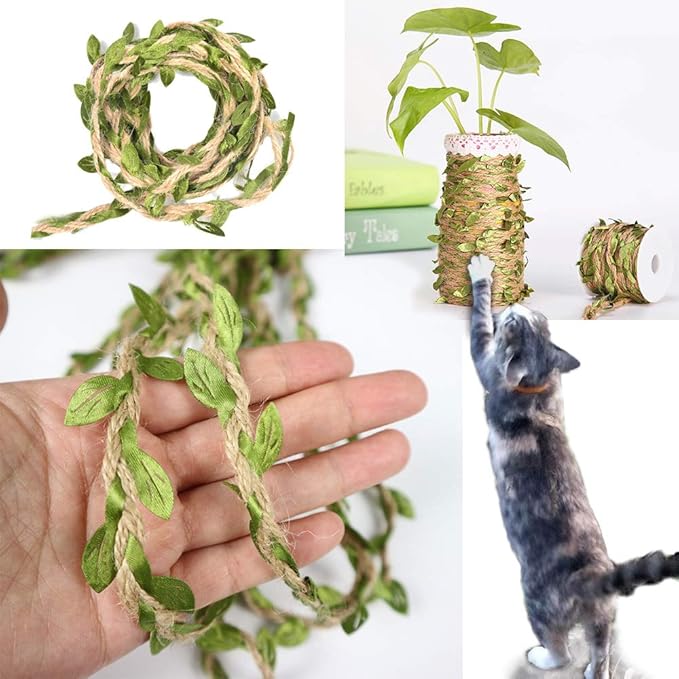 Hemp Rope for Cat Scratch Post Tree Replacement - Cat Scratcher Accessories with Artificial Leaves/Home Vine Ribbon Decoration for Art & Crafts