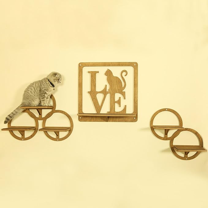 Cat Wall Shelves and Perches 3 PCS Beechwood - Mounted Cat Wall Furniture for Indoor Cats for Climbing Playing and Lounging - 5 Cat Wall Steps with Cat Shelves and a Cat Wall Bed