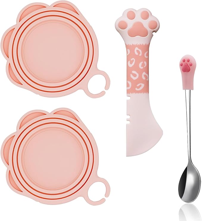 4 Pcs Cat Food Can Spoon & Can Covers | Cute Paw Silicone Pet Food Can Opener Spatula & Can Lids | Stainless Steel Wet Food Spoon for Cats and Dogs(Pink)