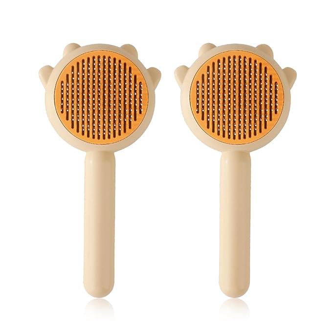 2Pcs Cat Brush for Grooming, Pet Comb Brush with Release Button, Self Cleaning Slicker Comb for Shed Hair and Removes Tangles Hair for Short or Long Haired Cats, Dogs (Yellow 2PCS)