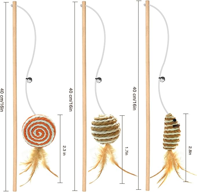 3 PCS Cat Wand Toys, 16 Inch Natural Wooden Cat Teaser Wand Toys with 5 PCS Silvervine Sticks for Cat, Interactive Cat Feather Wand Toy for Indoor Cats, Elastic String Cat Pole Toy with Bell, Feather