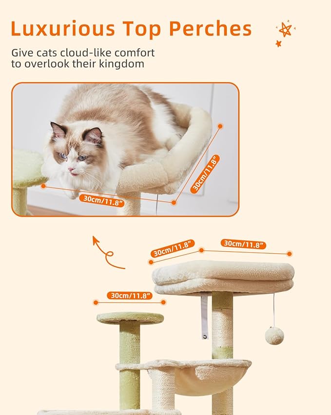 Taoqimiao Cat Tree, 39.4-Inch Cat Tower for Indoor Cats,Suitable for Kittens,Plush Cat Condo with 5 Scratching Posts, Plush Perch,2 Hammock,Pompoms, MS019GB Green and Beige