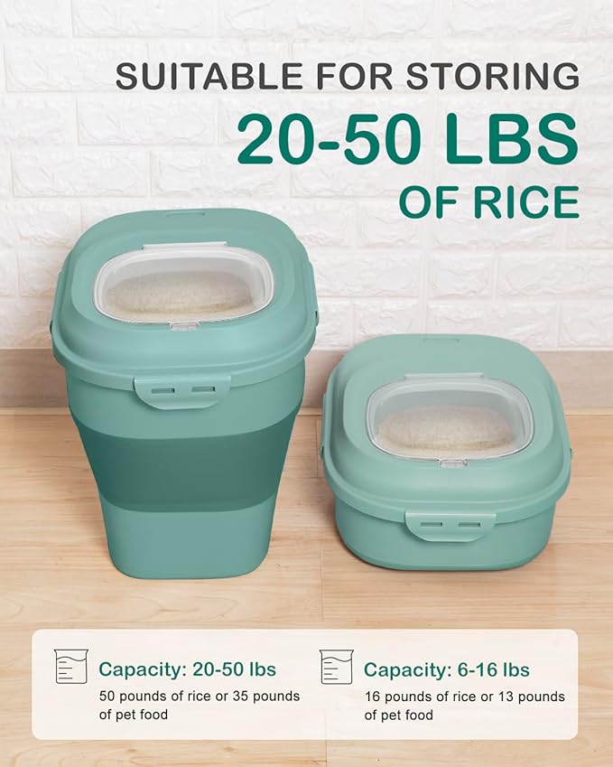 20-50 Lbs Food Storage Containers,Collapsible Rice Container with Wheel Airtight Locking Lid,Flour Storage Container with Small Food Container and Scoop,Suitable for Food,Rice,Pet Food,Flour