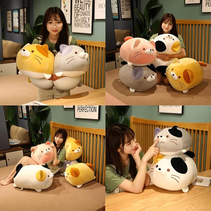 AIXINI 13.7 inch Cute Cat Plush Pillow Stuffed Squishy Animal Cylindrical Body Pillow, Super Soft Fat Cat Chubby Kitten Kawaii Pillow-Pink