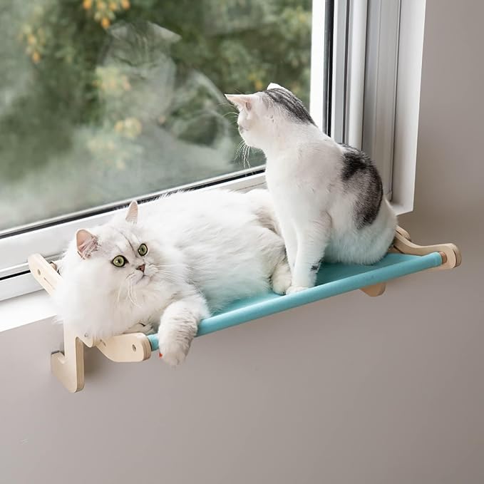MEWOOFUN Cat Window Perch Lounge Mount Hammock Window Seat Bed Shelves for Indoor Cats No Drilling No Suction Cup (Large Blue/Grey)
