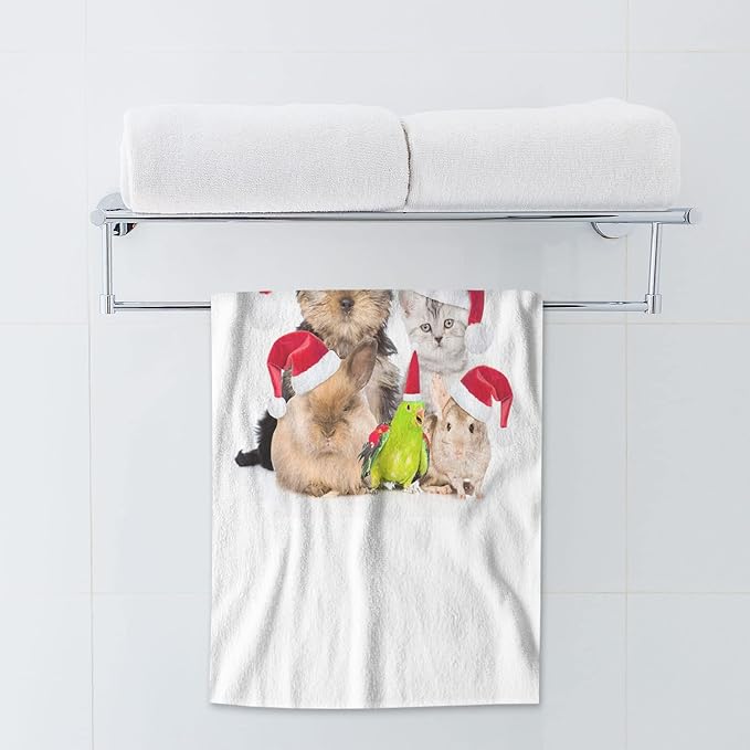 AOYEGO Dogs Cats Bathroom Towels Rabbits Bird in Christmas Red Hats Animal Family Soft Bath Hand Towels Microfiber Kitchen Hotel Spa Hand Towels 15x30 Inch