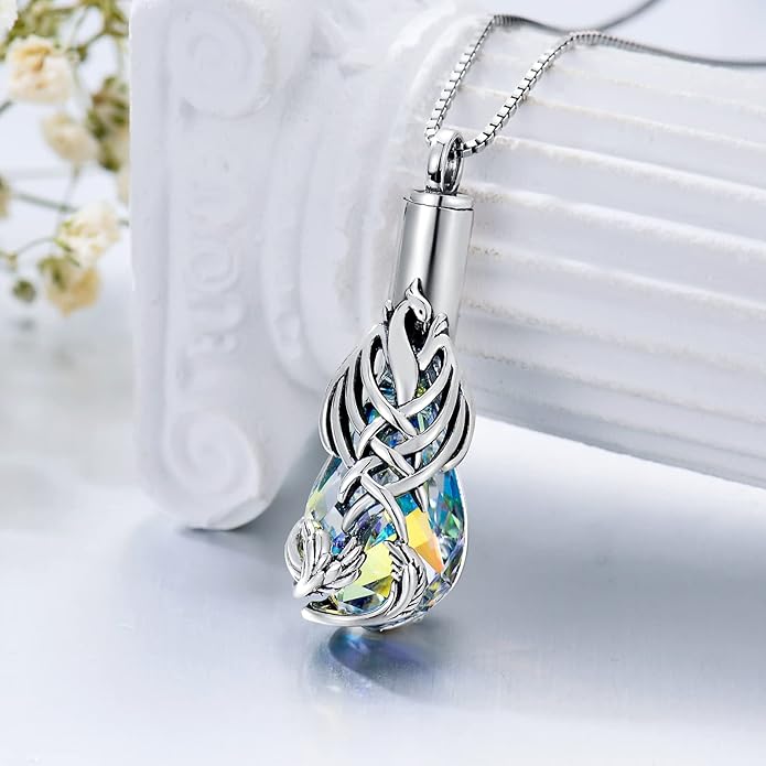 Animal Crystal Urn Necklace For Ashes Sterling Silver Butterfly Dragonfly Bee Phoenix Peacock Hummingbird Fox Angel Wing Pentagram Pentacle Cremation Necklace Heart Teardrop Urn Holder Necklaces For Women Memorial Jewelry
