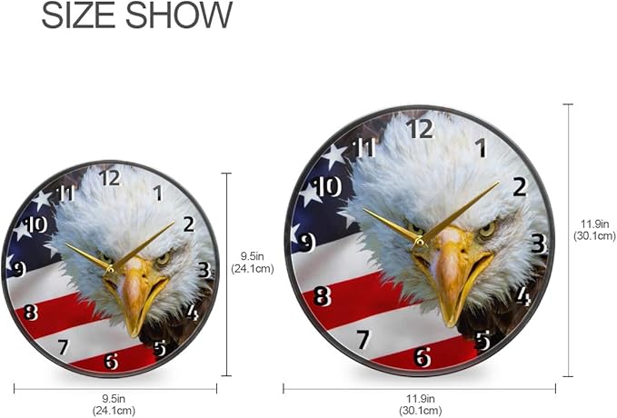 ALAZA American Bald Eagle USA Flag Animal Wall Clock Battery Operated Silent Non Ticking Clocks for Living Room Decor 12 Inch / 9.5 Inch