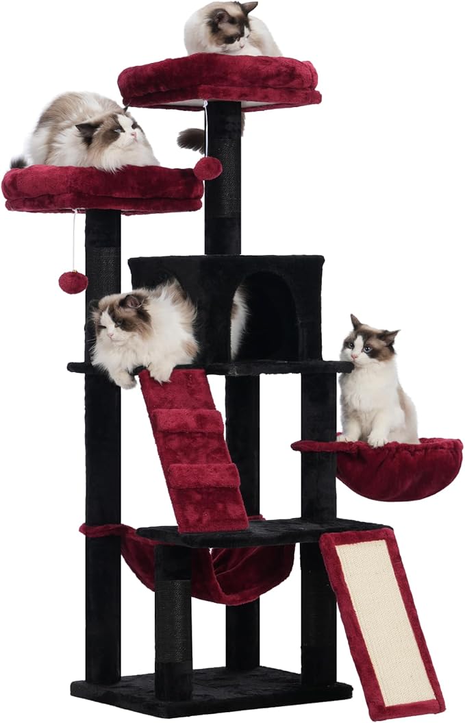 Heybly Gothic Cat Tree, Halloween Cat Tower for Indoor Cats,Multi-Level Cat Furniture Condo for Cats with Padded Plush Perch, Cozy Basket and Scratching Board,Black and Red HCT014BR