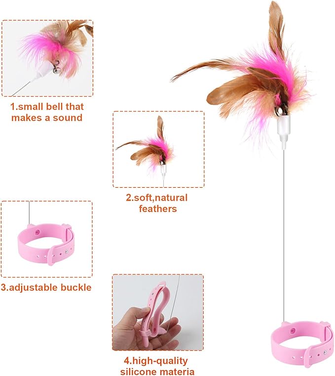 2pcs Cat Teaser Wand Toy, Cat Teasing Wand Collar Silicone Adjustable Cat Wand Toy Feather with Bell Cat Interactive Teaser Toys for Indoor Cat Kittens Playing Exercise (Pink)