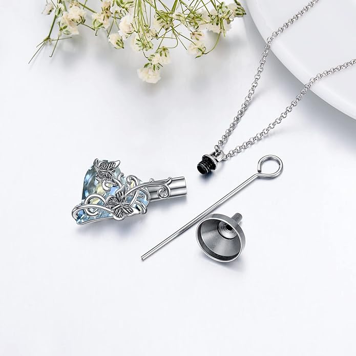 Animal Crystal Urn Necklace For Ashes Sterling Silver Butterfly Dragonfly Bee Phoenix Peacock Hummingbird Fox Angel Wing Pentagram Pentacle Cremation Necklace Heart Teardrop Urn Holder Necklaces For Women Memorial Jewelry