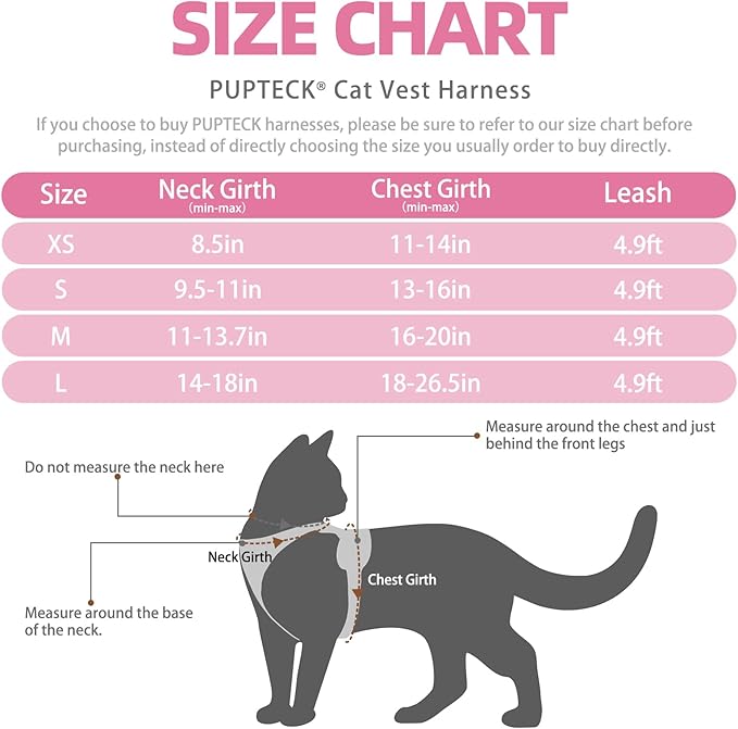 PUPTECK Cat Harness and Leash Set Escape Proof Reflective Cat Walking Harness Adjustable Soft Breathable Mesh Vest for Small Pets, Light Pink, M