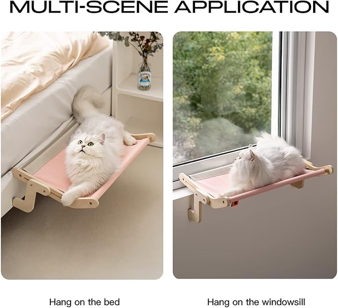 MEWOOFUN Cat Window Perch Lounge Mount Hammock Window Seat Bed Shelves for Indoor Cats No Drilling No Suction Cup (Pink/Grey)