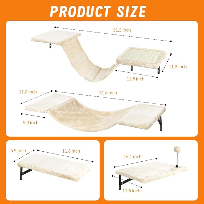 Wall-Mounted Cat Climber Set with Climbing Shelves, Perches, Bridge,Hammock,Scratching Board & Ball - 7 Pcs Wood Indoor Cat Furniture for Kittens Play (Grey)