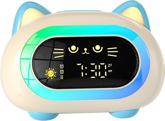 Alarm Clocks for Bedrooms, Kids Alarm Clock with Dual Alarm Snooze Mode 10 Color Night Light Sleep Training Eye Protection Auto Off Timer Blue Cat, Gift for Kids, Adults, Teens