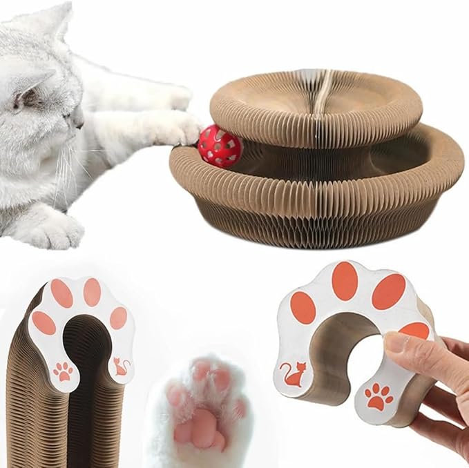 Kitty Toy, Magic Cat Scratching Board, Interactive Scratch Pad with a Ball, Cat Scratcher for Grinding Claw, Recyclable and Durable, Furniture Protector, Retractable, Brown, Reversible