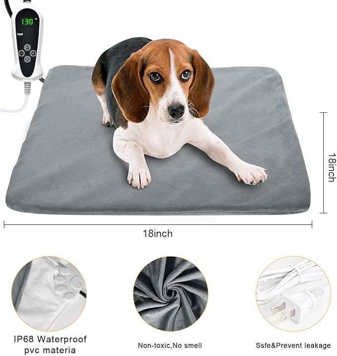 RIOGOO Pet Heating Pad, Upgraded Electric Dog Cat Heating Pad Indoor Waterproof, Auto Power Off (M: 18"x 18", Grey)