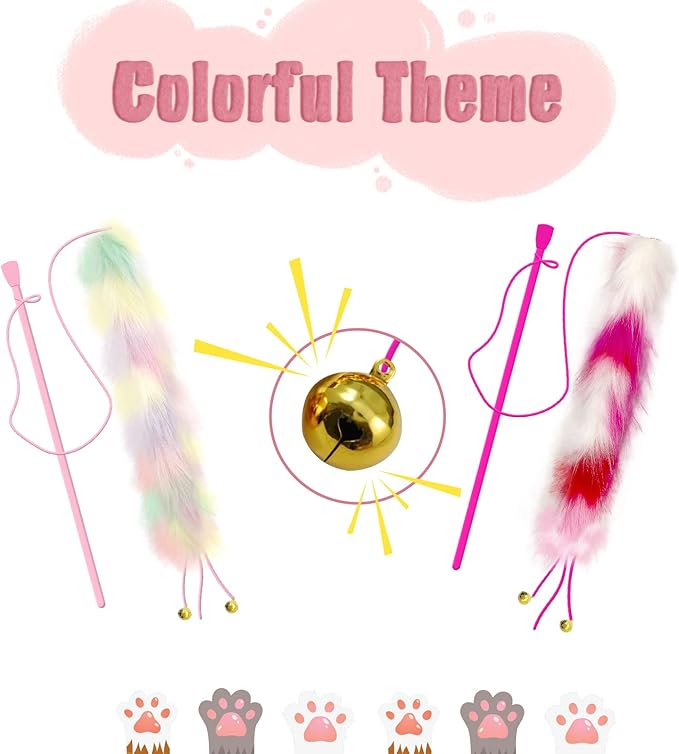 2 Pack Cat Wand Toy, Rainbow Cat Feather Toys with Bells, Cat Teaser Wand with Soft Furry Tail, Interactive Cat Toys for Indoor Cats & Kitten & Kitty