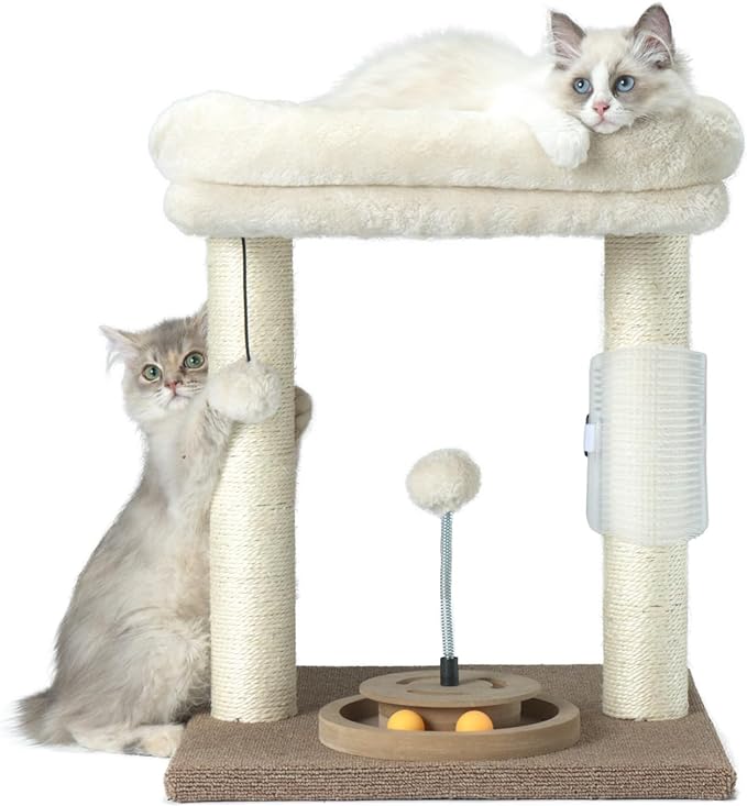 PAWSFANS Cat Tree Scratching Post,Small Cat Tower with Perch Bed Scratch for Indoor Cats and Kittens Scratcher.Track Toy Hanging Ball Bursh Beige