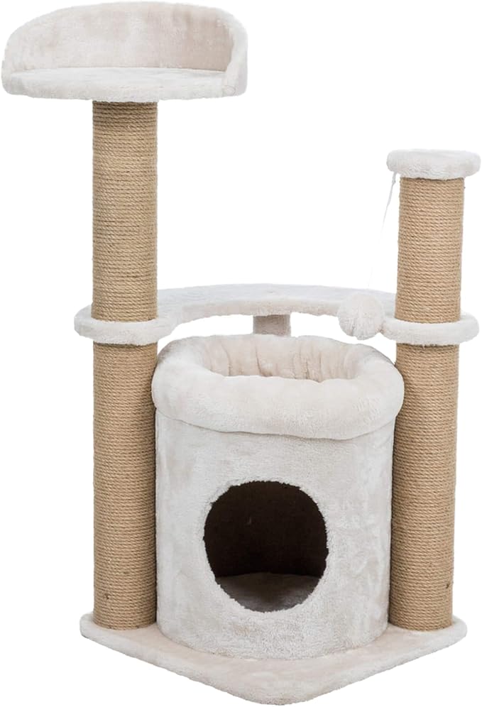 TRIXIE Nayra Cat Scratching Post 32.7 Inch - with Jute-Wrapped Post and Large Condo & Dangling Cat Toy - in Greige-Brown