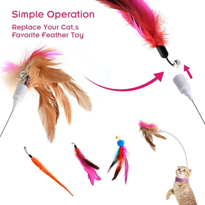 Abnaok Cat Feather Collar Toys, Interactive Cat Toys for Indoor Cats Teasing Wand Collar Funny Cat Toy with Bell and Replaceable 3 Feathers Refills Multiple Ways for Cats to Play