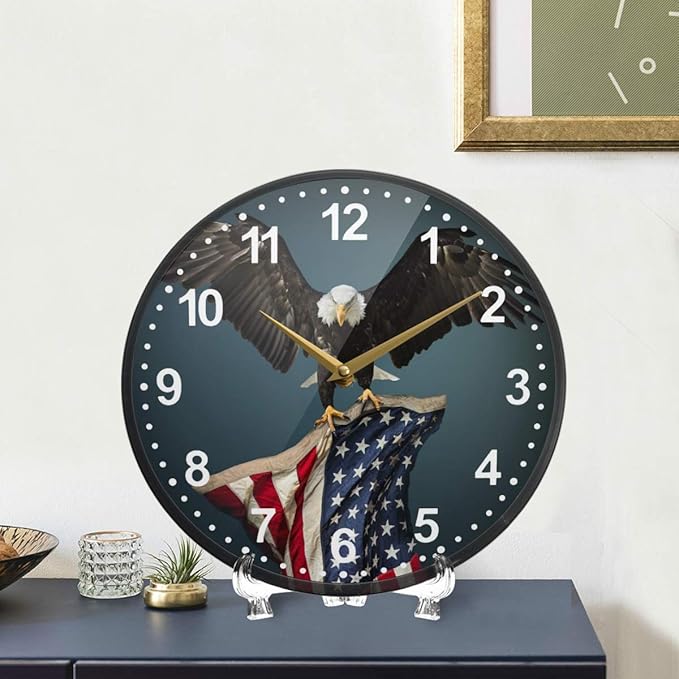ALAZA USA Flag American Bald Eagle Wall Clock Battery Operated Silent Non Ticking Clocks for Living Room Decor 12 Inch / 9.5 Inch