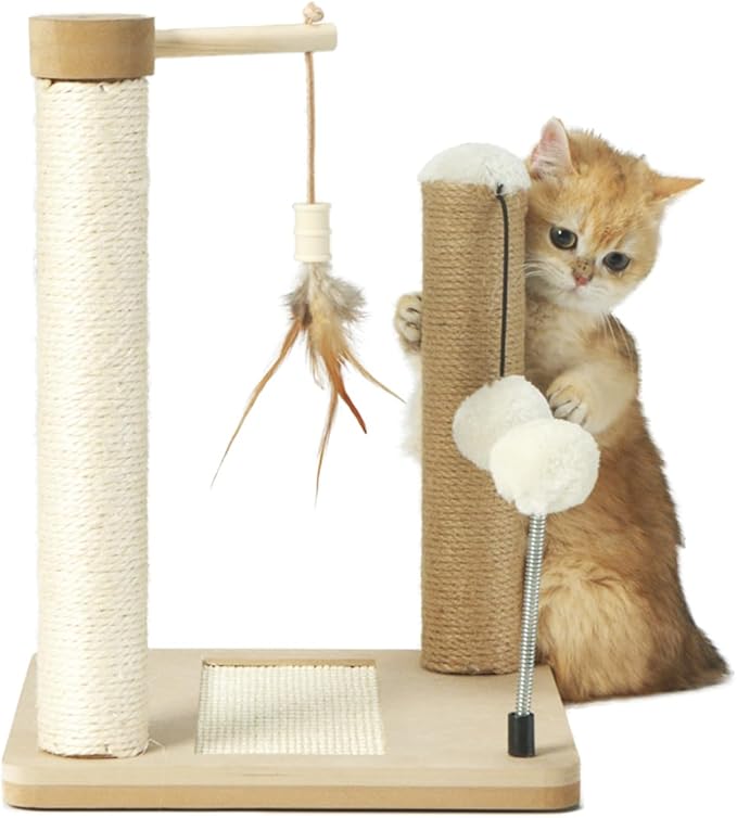 PAWSFANS Small Cat Scratching Post Toys,Sisal Jute 2 Scratch Posts for Kittens and Cats,Hanging Ball with Feather Spring Ball 16inches Beige