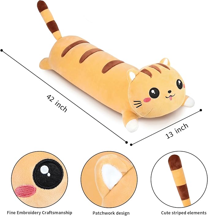 AFAN Long Cat Plush Cute Cat Body Pillows Kawaii Stuffed Animals Plushies Soft Cuddly Cotton Plush Toys Room Decor Gifts for Kids Girls Boys Adults (Yellow, 42 Inch)