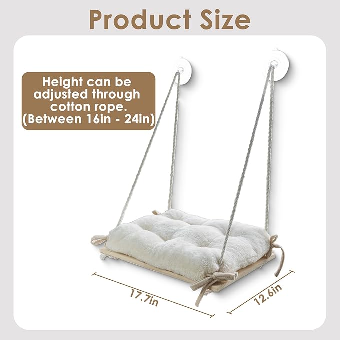 Cat Window Perch, Cat Window Hammock with Cushion Bed, Solid Wood Seat & Strong Suction Cups, Safety Cat Bed Window, Easy to Install Cat Indoor Furniture for Large Cats and Kittens
