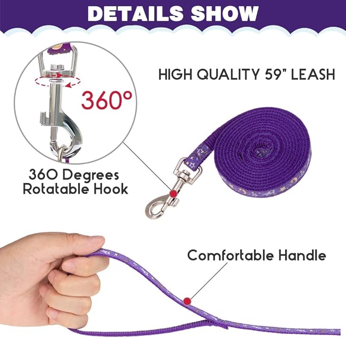 PAWCHIE Cat Harness with Leash and Collar Set - Escape Proof Adjustable H-shped Cat Harness with Star and Moon Pattern Glow in The Dark for Kitty Outdoor Walking