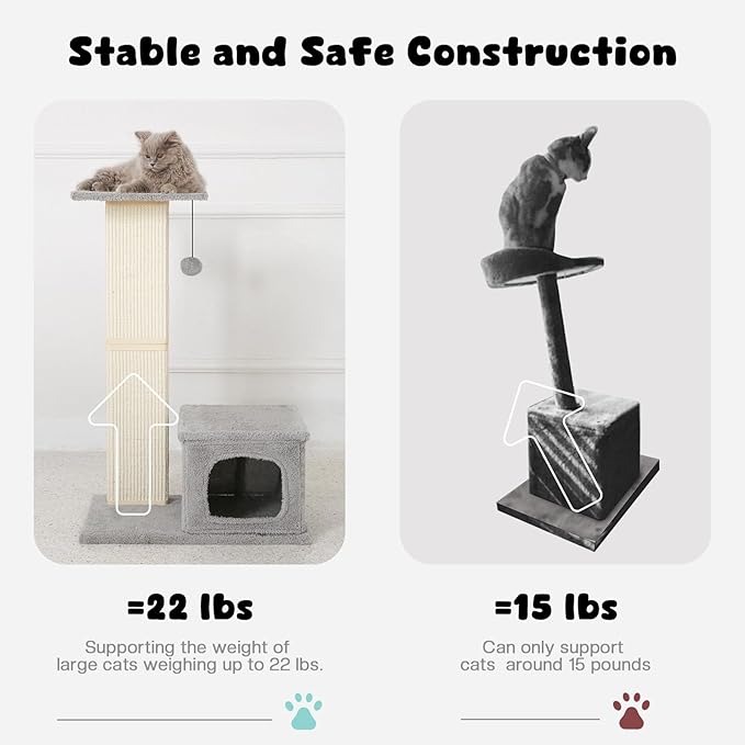 Small Cat Tree, 31 Inches Tall Cat Scratching Post with Perch & Condo, Natural Woven Sisal Cat Post Sctacher, Kitten Scratching Posts for Indoor Cats, Cat Scratch Tower with Fluffy Ball, Gray