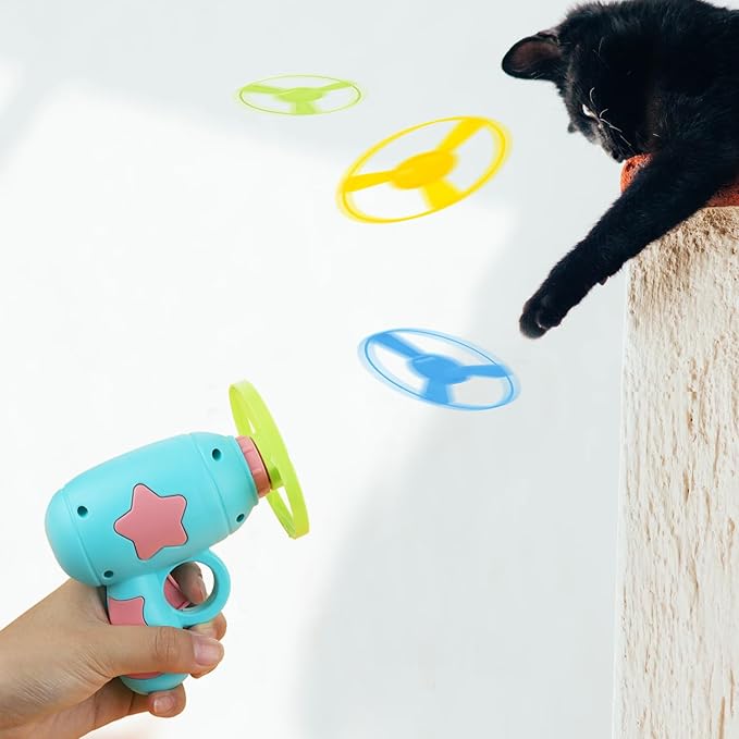 AIEX Flying Disc Launcher Cat Toy Launcher with 6pcs Flying Discs 2pcs Luminous Spinning Tops, Helicopter Cat Fetch Toy Dog/Cat Interactive Toys for Training, Chasing, Playing