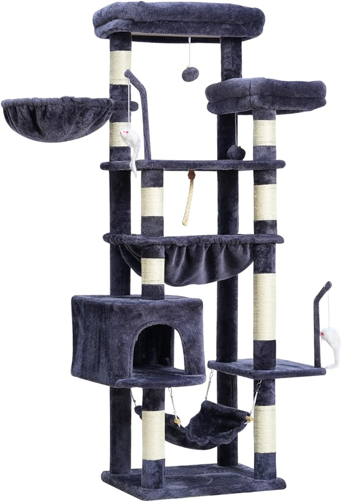 Cat Tree, Cat Tower for Large Cats with 2 Big Platforms, 2 Baskets, condo and Toys, 63" Cat Scratching Posts for Indoor Cats, Smoky Gray GCT020G