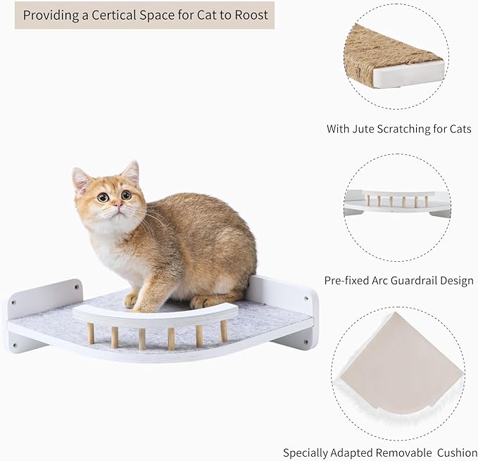 Cat Wall Shelves, Cat Shelves and Perches for Wall, Cat Wall Furniture, Corner Cat Shelf with 3 Steps Scratch Post, Cat Bed Hammock with Plush Covered, Climbing Shelf for Indoor Cats (White)