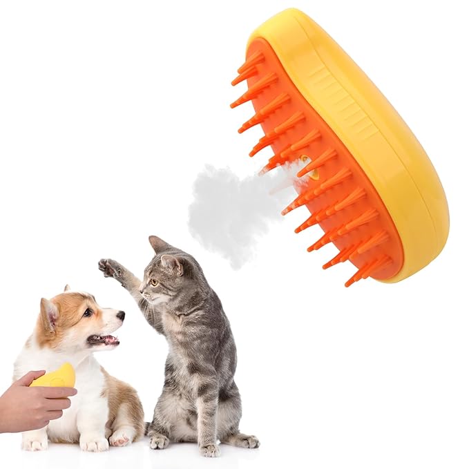 4-in-1 Self-Cleaning Steam Grooming Brush - Efficient Massage, Hair Removal, Tangle-Free Care for Cats and Dogs (Yellow)
