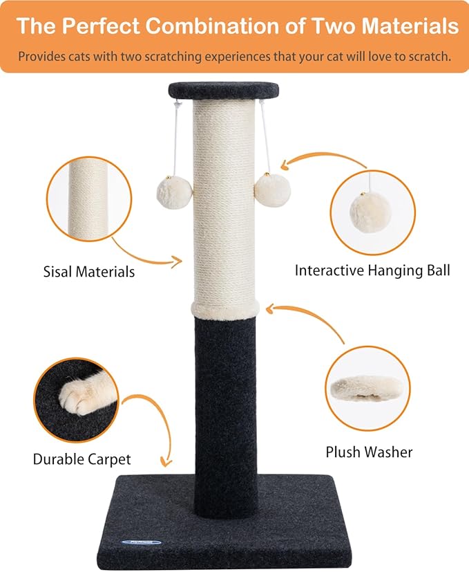 34-Inch Tall Cat Scratching Post for Indoor Cats, Large Carpet Scratch Post, Sisal Cat Scratcher, Sturdy and Durable Cat Post with Hanging Ball
