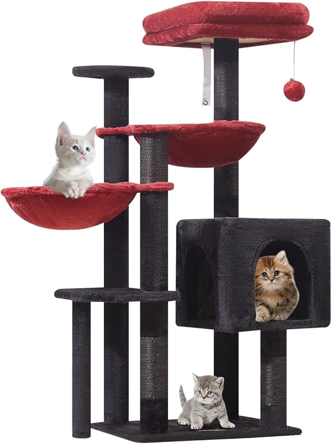 Taoqimiao Gothic Cat Tree, 39.4-Inch Cat Tower for Indoor Cats,Suitable for Kittens,Plush Cat Condo with 5 Scratching Posts, Plush Perch,2 Hammock,Pompoms, MS019BR Black and Red
