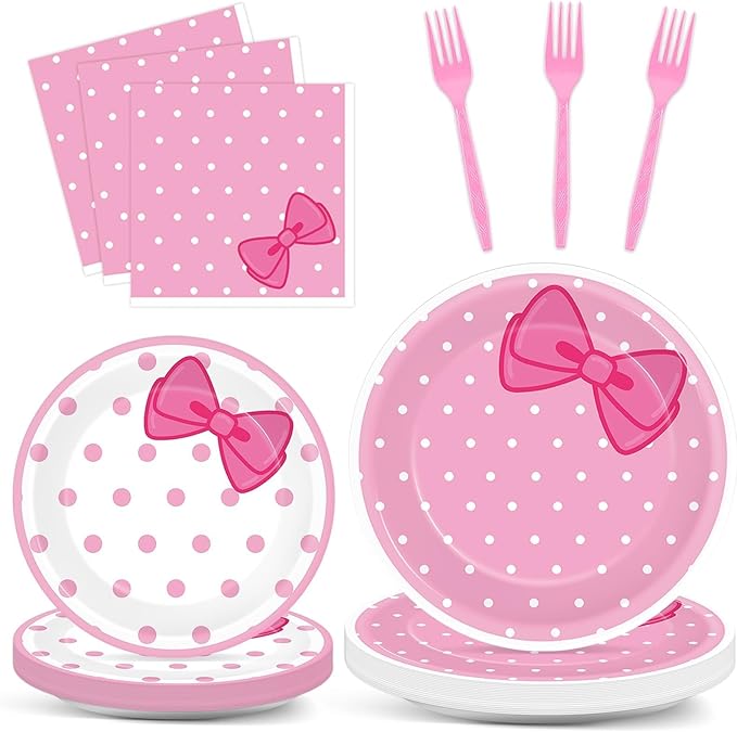 96 Pcs Pink Cat Party Supplies Pink Bow Plates and Napkins Tableware Set Decor Cute Cat Cake Dessert Plates Table Decorations for Birthday Baby Shower Cute Bow Party Favors for 24 Guests