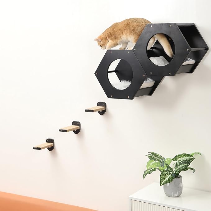 Cat Wall Shelves, Cat Shelves for Wall, Cat Wall Furniture, Cat Shelf with 3 Steps Scratcher Post, Cat Tree Hammock with Plush Wall Mounted, Climbing Shelf Wall Mount for Indoor Cats (Black)