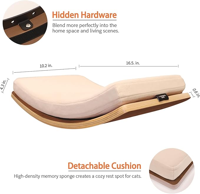 Cat Wall Shelves Curved Floating Cat Shelf Perch Bed with Cushion Wooden Easy to Install Cat Wall Furniture for Climbing Sleeping 16.5"x10.2"(Walnut)