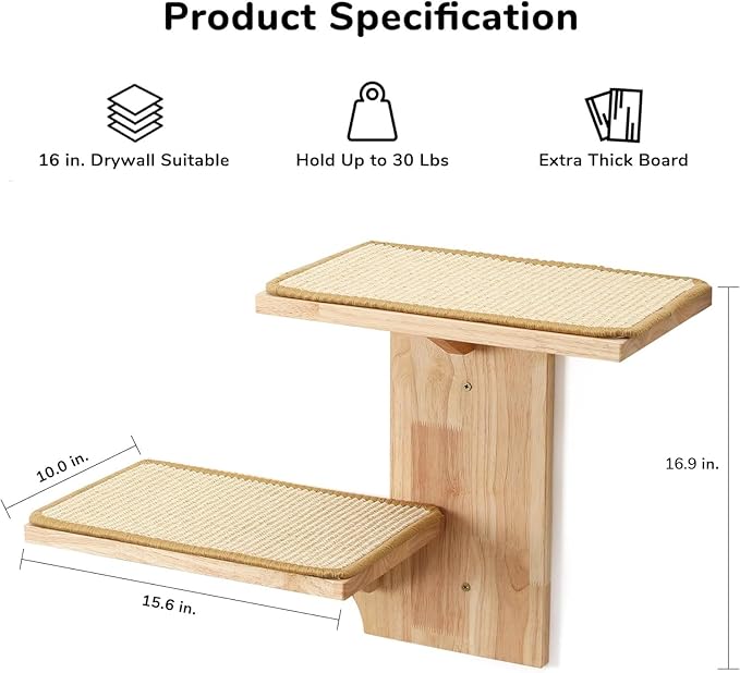 FUKUMARU Cat Wall Shelves, 2 Platform Cat Wall Furniture, Tree Shape Wall-Mounted Cat Floating Shelf with Sisal Mat, Solid Rubber Wood Cat Perch for 16 Inch Drywall, Suitable for Climb, Play, Nap