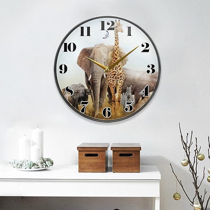 ALAZA Animal Elephant Lion African Safari Wall Clock Battery Operated Silent Non Ticking Clocks for Living Room Decor 12 Inch / 9.5 Inch