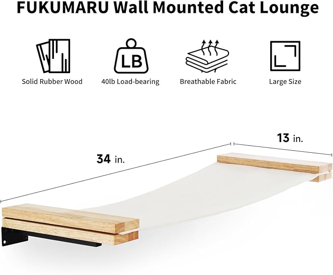 FUKUMARU Cat Wall Furniture, 34 x 13 inch Cat Hammock for DIY Cat Wall Shelves and Cat Window Perch, for Most Kitten, Medium and Large Cats
