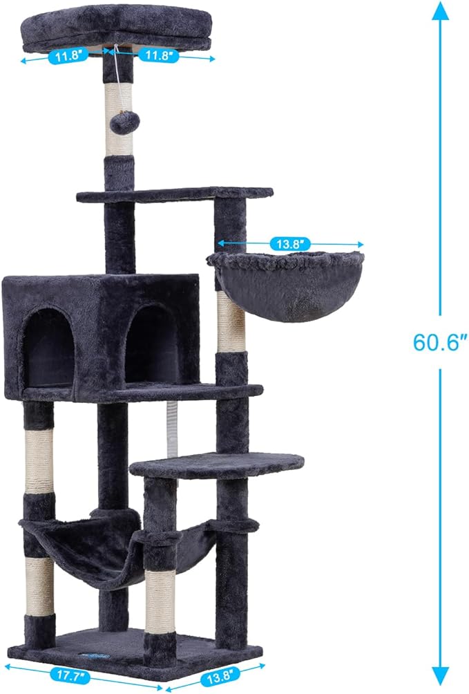 Hey-brother Cat Tree with Large Hammock, Multi-Level Cat Tower for Indoor Cats, Cat Condo with Sisal-Covered Scratching Posts and Top Perch, Smoky Gray MPJ050G