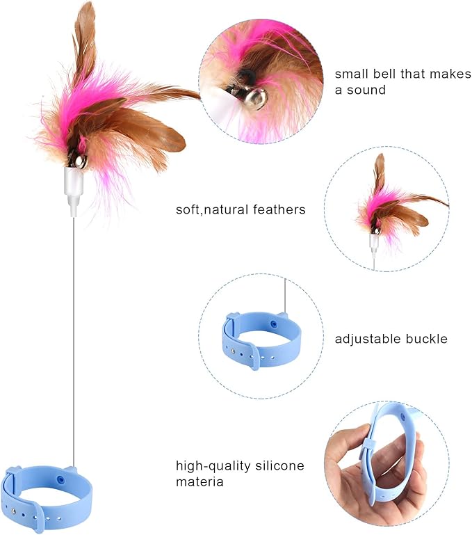 AIEX Cat Teaser Toy, Cat Wand Toy Retractable with Silicone Collar Interactive Cat Toys Attached with Feather for Indoor Cat Kitten Exercise Training (Blue, Pink)
