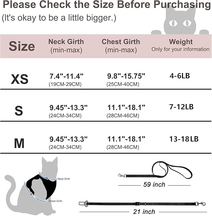 Cat Harness and Leash Set for Walking Escape Proof, Improved Four Place Adjustable Cat Car Harness, Soft Kittens Vest with Reflective Strip for Cats, Comfortable Outdoor Vest, Black, XS