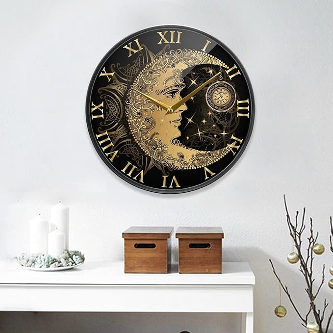 ALAZA Boho Crescent Moon Sun Mandala Wall Clock Battery Operated Silent Non Ticking Clocks for Living Room Decor 12 Inch / 9.5 Inch
