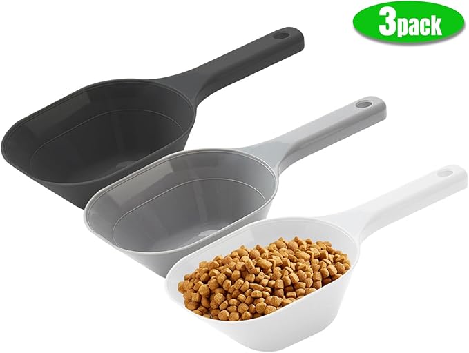 3PCS Dog Food Scoop, 1 Cup Plastic Pet Food Scoop with Measuring Lines 1/2 Cup and 1 Cup for Dogs, Cats, Birds and Rabbits (Grey,Black and White)